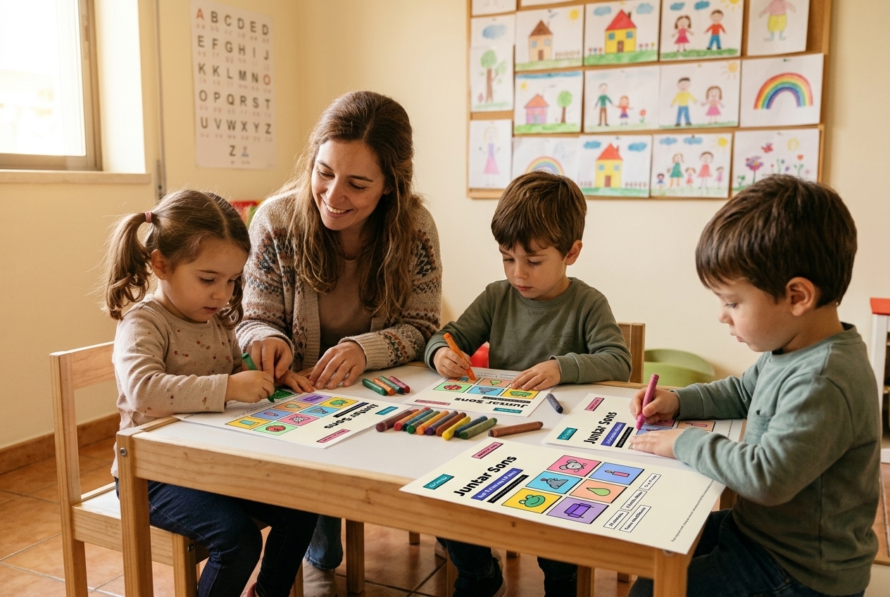Educadora com três crianças a fazer atividades da Apostila 03, Juntar Sons