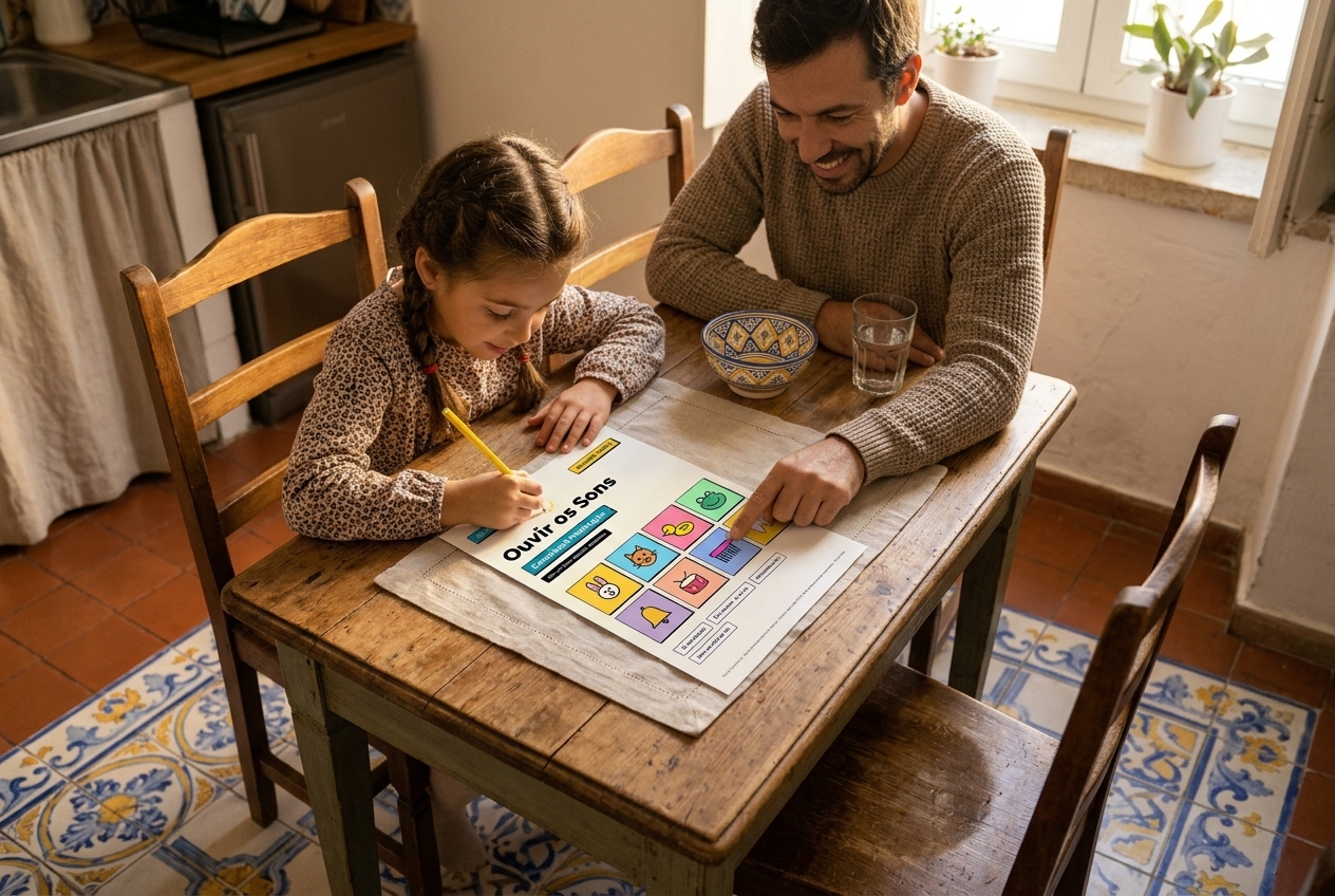 Pai e filha à mesa a fazer uma atividade da Apostila 01, Ouvir os Sons